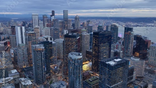 7th of February 2026 Drone flight above the Seattle downtown skyline with Amazon Spheres and modern office towers at blue hour, Washington USA. g.