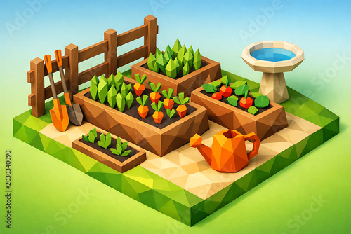 Isometric low poly garden with wooden planters carrots vegetables and gardening tools