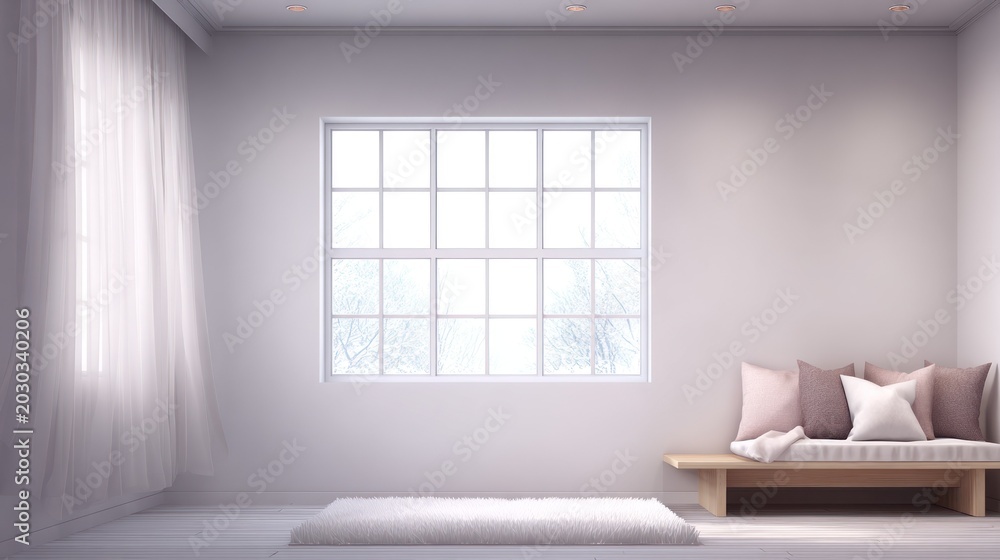 Fototapeta premium Serene interior space features soft light illuminating pale walls and simple wooden seating