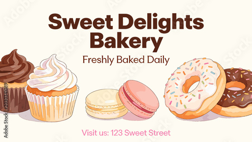 Obraz na płótnie Sweet Delights Bakery: A charming illustration showcasing a variety of freshly baked goods including cupcakes, macarons, and donuts, perfect for a bakery advertisement