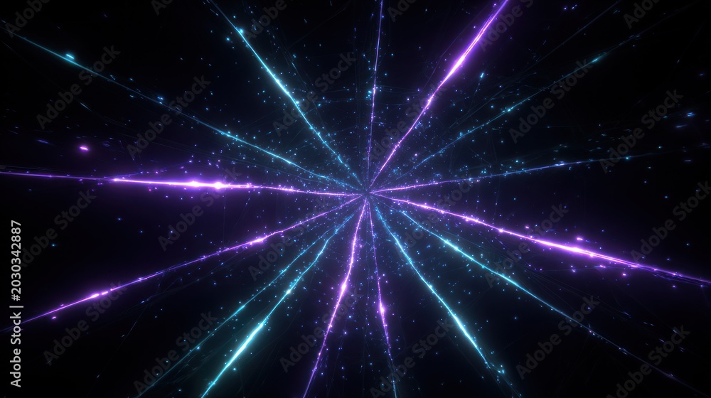Fototapeta premium Numerous luminous energy beams radiate outward from a central point against a dark background