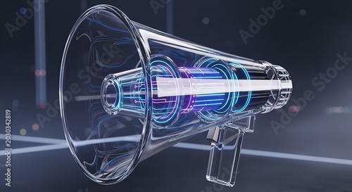 Futuristic Megaphone with Neon Lights - Digital Announcement, Promotion, Communication