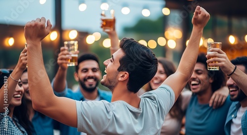 Friends celebrating success with drinks outdoors, cheering with raised hands and beer.