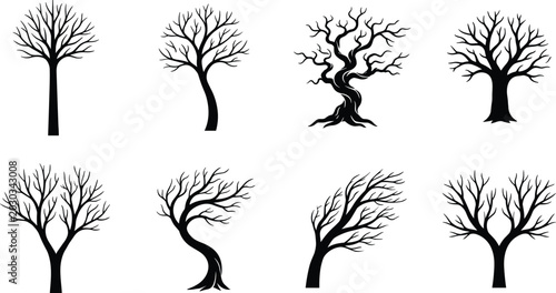 Foto Black and white line of eight different trees with varying shapes and sizes line