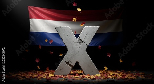 Cracked concrete letter X with Dutch flag and falling autumn leaves