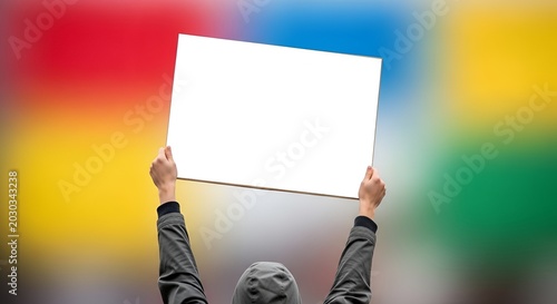 Person holding blank sign on colorful background, protest, announcement, message, demonstration