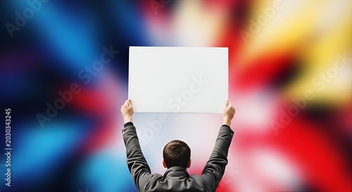 Man Holding Blank White Sign Above Head, Colorful Abstract Background, Protest, Message