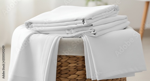 Crisp White Bed Sheets Stacked on Wicker Basket, Clean Laundry, Home Comfort