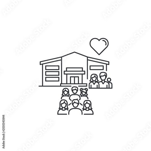 Community center icon with people and heart for social support