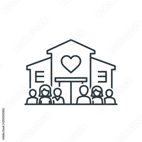 Community center line icon with heart and group of people