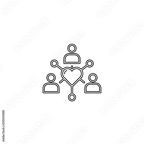Community network line icon with people connected to central heart