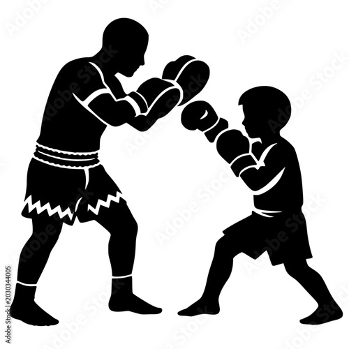 Canvastavla Silhouette of a young boy training in boxing or muay thai with his coach