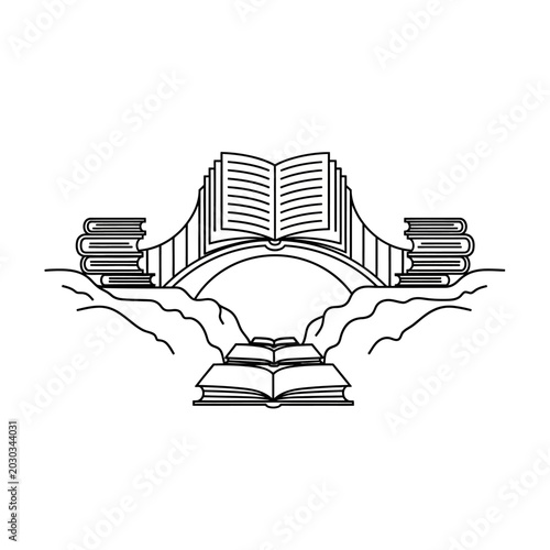 Conceptual bridge made of open books line art illustration