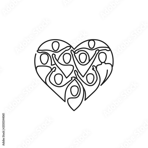 Continuous line drawing of abstract people inside a heart shape