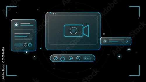Neon video recording interface on dark background in futuristic glowing blue lighting for tech presentation