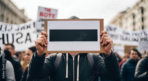 Protester hides face behind blank sign at rally, anonymity and dissent concept