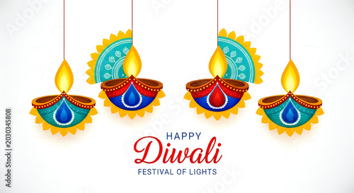 Diwali celebration hanging oil lamps and festive typography