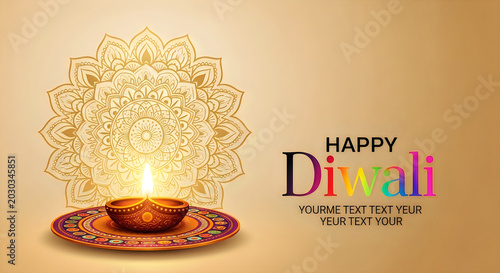 Diwali celebration with traditional oil lamp and ornamental mandala design