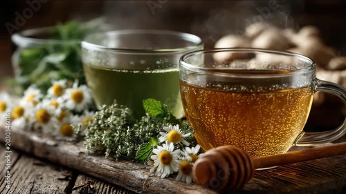 Hot chamomile tea in glass cups with steam surrounded by flowers honey dipper and lemon on rustic wood concept of natural relaxation.