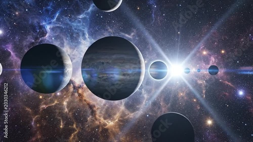 Many planets and stars in a vibrant cosmic nebula