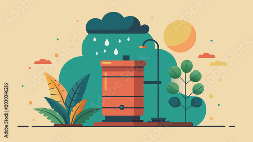 Tableau sur toile Flat vector illustration of a modern rainwater harvesting tank connected to a house roof gutter