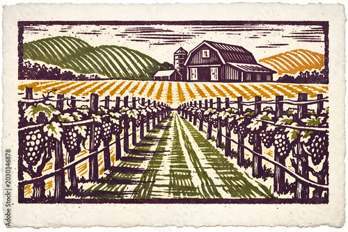 Linocut print of a vineyard with grapevines and a barn in the background