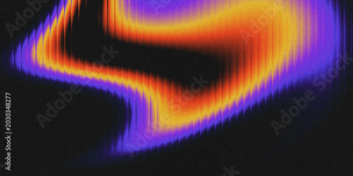 Abstract grainy gradient background with fluid S-shaped curve, vibrant purple-orange-yellow hues, vertical glitch grooves.