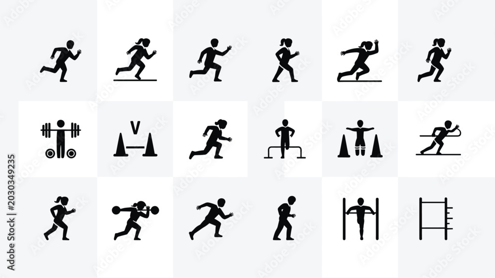 Fototapeta premium Set of 18 Black Running and Fitness Vector Icons