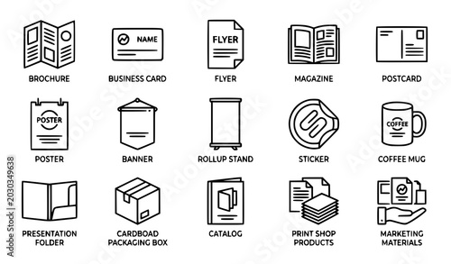 Foto Printing and promotional materials outline icon set vector illustration