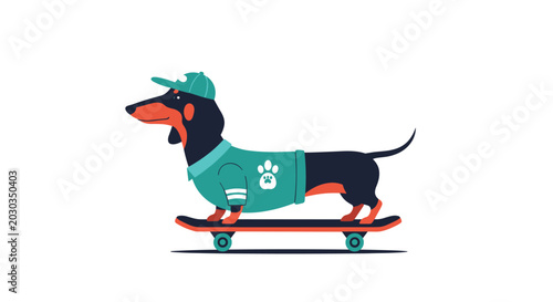Sporty dachshund dog wearing a teal cap and sweater, standing confidently on a skateboard on a white background.