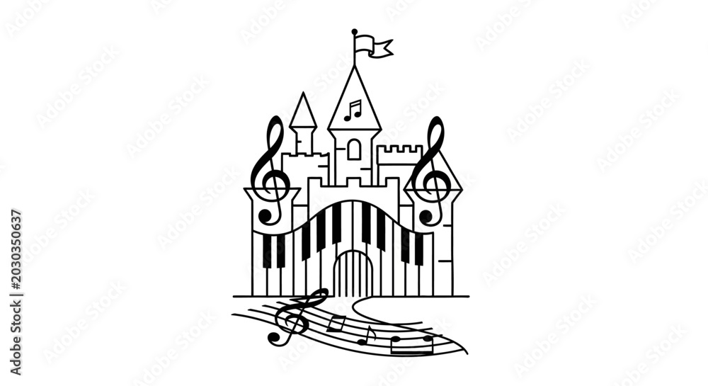 Naklejka premium Fantasy musical castle illustration with piano key gate, treble clefs, and music notes on a staff path, black and white line art graphic.