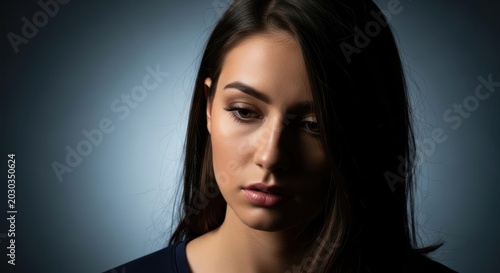 A young woman with dark hair looks down with a pensive expression, her face partially shadowed.