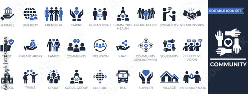 Bild auf Leinwand Community solid icon set: people connection, social group, networking, teamwork, society, volunteer, partnership, unity vector icons collection