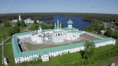 Orbital aerial shot of Alexander-Svirsky Monastery on sunny summer day. Leningrad Oblast, Russia.