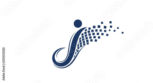Modern corporate logo design featuring an abstract letter J formed by flowing lines and pixelated dots in a dark blue color.