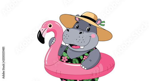 Cute hippopotamus wearing a floral swimsuit and a large sun hat while holding a pink flamingo floaty for a beach vacation.