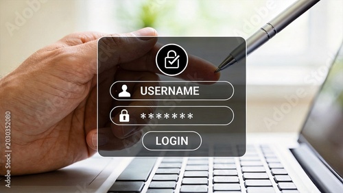 Hand holding pen near digital login interface with username and password fields on laptop