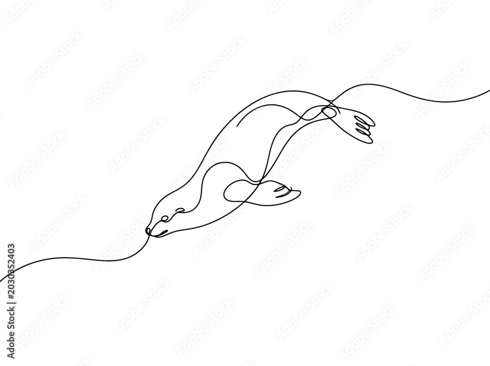 Obraz premium A minimalist single line drawing of a seal swimming gracefully through the water