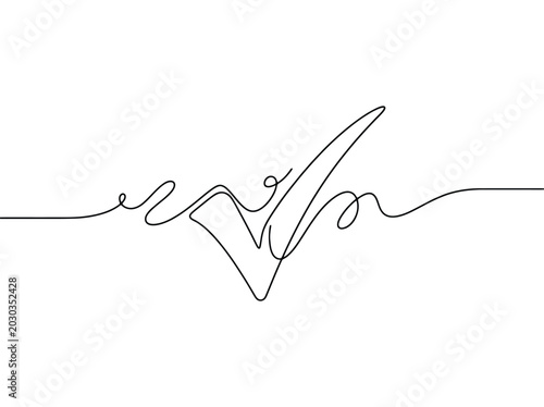 Abstract continuous line drawing of a checkmark symbol with swirls and curves suggesting movement and progress