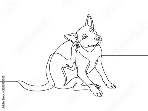 A dog scratching itself with its paw while sitting down in a continuous line drawing