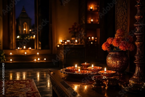 Warm glow of diyas illuminating a room during Diwali, with marigolds and intricate decor.