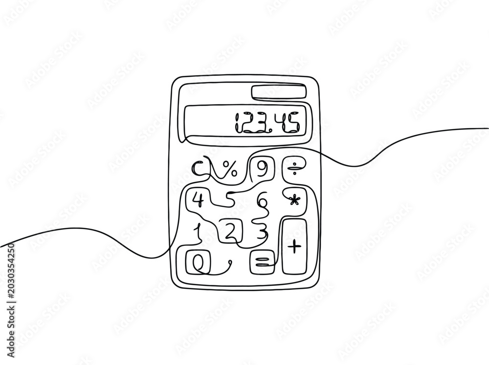 Obraz premium Simple continuous line drawing of a calculator with numbers 12345 and symbols for business