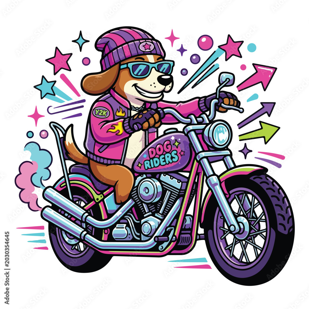 Obraz premium retro Y2K cartoon vector, cool dog riding motorcycle with chrome details.eps