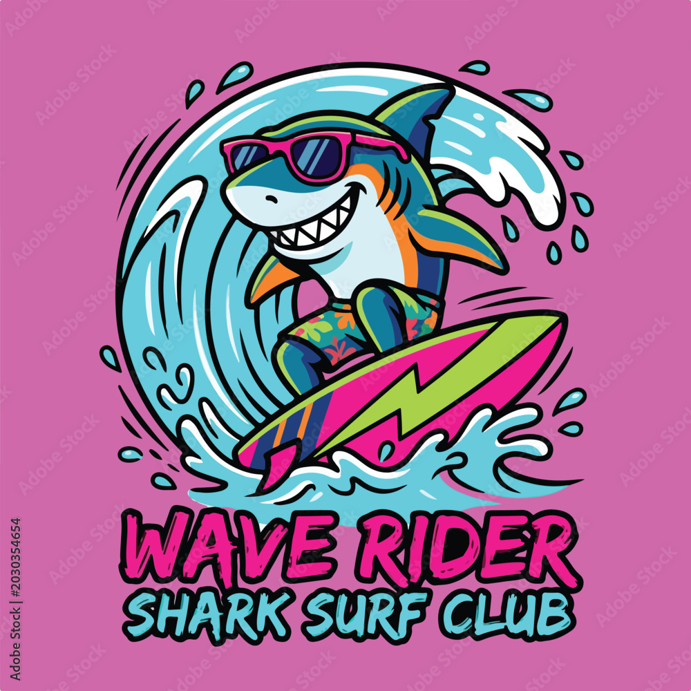 Fototapeta premium bold vector illustration of a cool surfing shark for t-shirt print design. Stylish shark riding a surfboard.eps