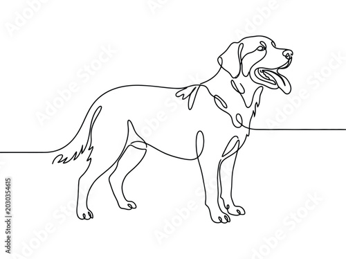 Single line drawing of a friendly golden retriever dog standing with tongue out and tail wagging