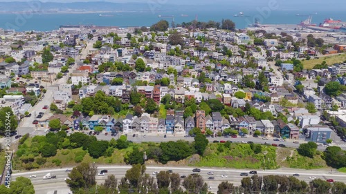 San Francisco Potrero Hill Lateral Aerial View With Bay and Colorful Homes 01