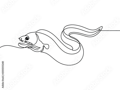 Continuous line drawing of an eel swimming with open mouth and wavy body underwater