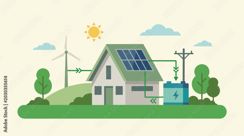 Naklejka premium Eco-friendly house with solar panels and wind turbine on World Environment Day promoting sustainability