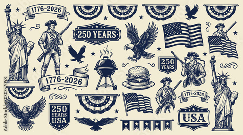 Foto US Independence Day Symbols Collection Statue of Liberty, Eagles, and Patriotic