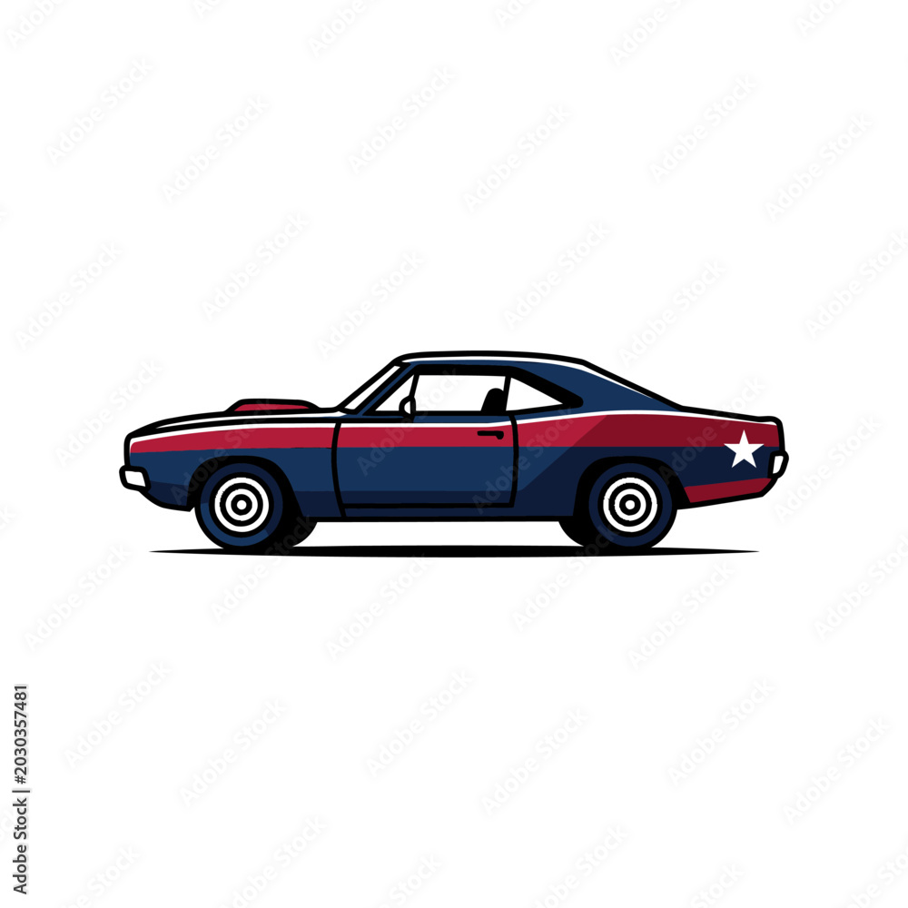 Fototapeta premium Stylized graphic of a robust retro vehicle, featuring a dynamic red white and blue theme, capturing an energetic driving concept